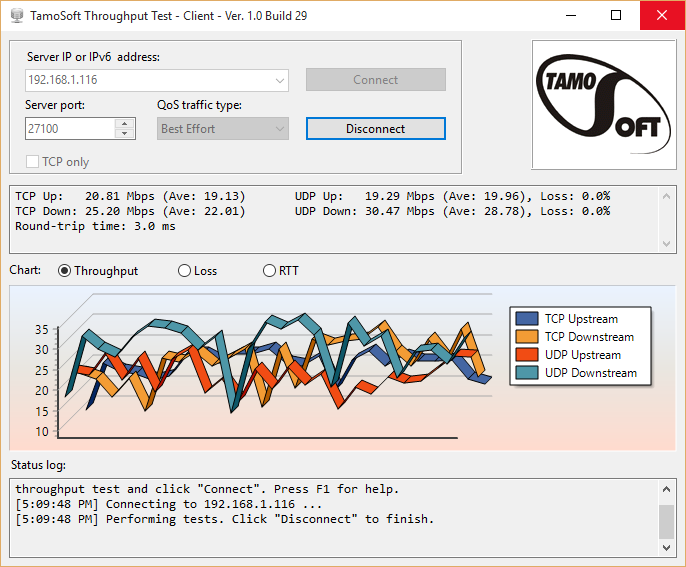 Tamosoft Throughput Test visualizza l’effettiva velocità della connessione tra due computer in una rete Wi-Fi. Tamosoft Throughput Test visualizza l’effettiva velocità della connessione tra due computer in una rete Wi-Fi.