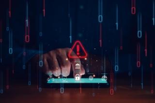 User,Is,Using,Smartphone,With,Triangle,Caution,Warning,Sign,For